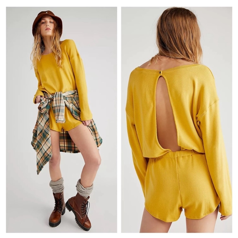 Free People Mustard Yellow Long Sleeve Open-Back Romper